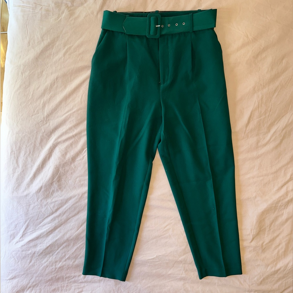 Dark green belted pants from Zara